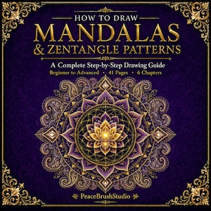Può includere: Copertina di un libro con il titolo "How to Draw Mandalas & Zentangle Patterns". La copertina presenta un elaborato disegno mandala dorato e viola. Il testo include "A Complete Step-by-Step Drawing Guide" e "Beginner to Advanced, 41 pagine, 6 capitoli."