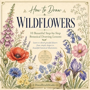 Puede incluir: Una portada de libro cuadrada titulada How to Draw WILDFLOWERS, 10 Beautiful Step-by-Step Botanical Drawing Lessons. La portada presenta ilustraciones detalladas en acuarela de dedaleras moradas, amapolas rojas, campanillas y margaritas.