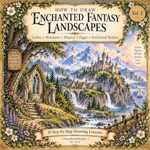 Op de afbeelding: Een boekomslag getiteld How to Draw Enchanted Fantasy Landscapes Vol. 1 met een gedetailleerde illustratie van een kasteel, bergen en dorp. De tekst bevat Castles, Mountains, Magical Villages, Enchanted Realms en 10 Step-by-Step Drawing Lessons.