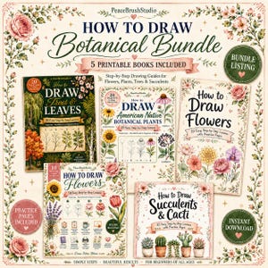 Può includere: Un pacchetto digitale di cinque libri da disegno stampabili intitolato How to Draw Botanical Bundle, contenente guide passo-passo per alberi, foglie, fiori, piante grasse, cactus e piante native, decorato con bordi floreali e accenti rosa.