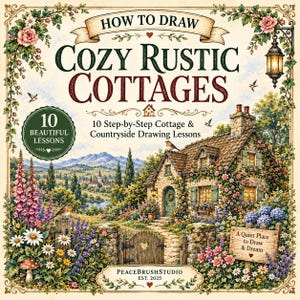 May include: A book cover titled How to Draw Cozy Rustic Cottages featuring 10 step-by-step cottage and countryside drawing lessons. The illustration shows a stone cottage with a garden, flowers, birds, and a wooden sign reading A Quiet Place to Draw and Dream.
