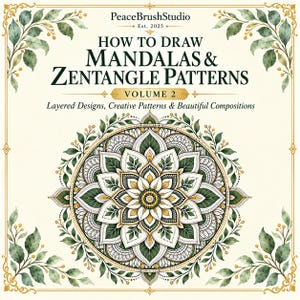 以下が含まれることがあります： PeaceBrushStudio Est. 2025による「How to Draw Mandalas & Zentangle Patterns Volume 2」というタイトルのブックカバー。表紙には、緑、金、白の曼荼羅のイラストが中央に描かれ、周囲を緑の葉の装飾的な枠が囲んでいます。