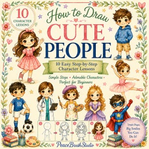 Pode incluir: Uma capa de livro intitulada How to Draw CUTE PEOPLE com 10 lições de personagens. A capa apresenta ilustrações de crianças em várias roupas, incluindo um jogador de futebol, médico, artista, princesa e super-herói, cercados por uma borda floral.