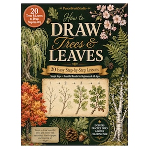 May include: A dark green instructional book titled How to DRAW Trees & LEAVES with 20 Easy Step-by-Step Lessons. The cover features illustrations of various trees, leaves, and a four-step drawing sequence, along with text about practice pages.