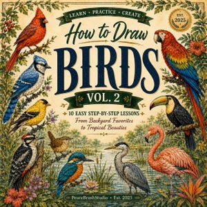 Peut inclure: Une couverture de livre intitulée How to Draw BIRDS VOL. 2 avec le sous-titre 10 EASY STEP-BY-STEP LESSONS From Backyard Favorites to Tropical Beauties. La couverture présente des illustrations d'un cardinal, geai bleu, chardonneret, pic, troglodyte, martin-pêcheur, héron, flamant rose, toucan et perroquet.