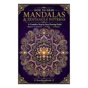 May include: A digital drawing guide titled How to Draw Mandalas & Zentangle Patterns. The cover features a purple background with a central gold and purple lotus mandala, ornate gold borders, and text indicating 41 pages and 6 chapters.