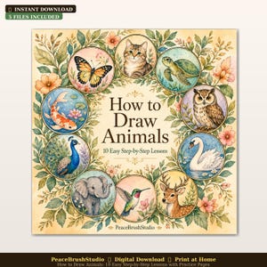 Può includere: Copertina quadrata di un libro intitolato "How to Draw Animals", circondata da illustrazioni di animali come una farfalla, un gatto e un gufo. La copertina include il testo "10 Easy Step-by-Step Lessons" e un bordo floreale.