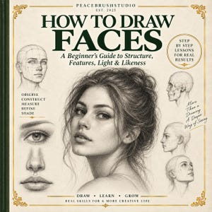 Puede incluir: Una portada de libro titulada How to Draw Faces: A Beginner's Guide to Structure, Features, Light & Likeness. La portada presenta un retrato central en grafito rodeado de bocetos anatómicos de cabezas, ojos, narices y labios.