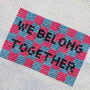 May include: Cross-stitch design featuring the phrase "WE BELONG TOGETHER" in black thread. The background is a chequered pattern of pink and light blue squares, stitched on white fabric.