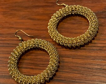 VTG Statement Dangle Earrings Gold Poodle Wire Hoops 60s Go Go