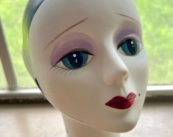 1960's Mannequin Head Display Woman Art Piece Painted Hair Makeup Mod