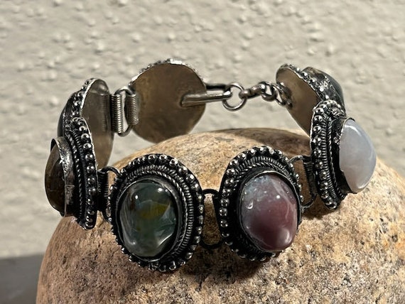 Vintage Tribal Bracelet Silver and Semi-Precious … - image 1