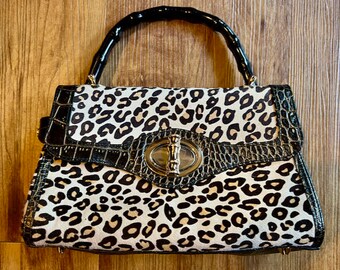 Elaine Turner Pony Hair Edie Satchel Leopard Cheetah with Bamboo Top Handle