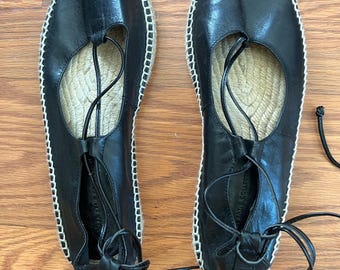 Zara Basic Black Leather Espadrille Ankle Tie Wrap Sandal 39 or 8.5