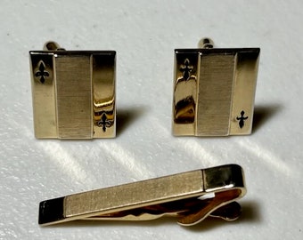 Swank Set Vintage Gold Tone Fleur de Lis Cuff Links & Tie Clip Mid Century