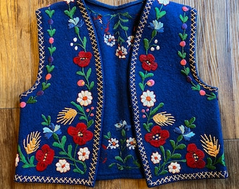 Vintage Hungarian Hand Embroidered Floral Child's Blue Felted Wool Vest Matyo Folkloric