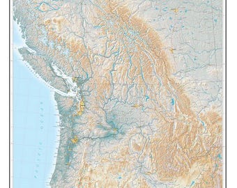 May include: A detailed topographic map of the Pacific Northwest region, featuring Washington, Oregon, and parts of Idaho, Montana, and British Columbia. The map shows elevation changes with color gradients, with the text "THE PACIFIC NORTHWEST" at the top and "PACIFIC OCEAN" on the left.