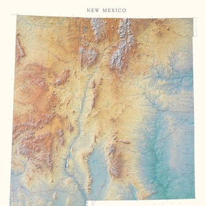 May include: A detailed topographic map of New Mexico, featuring a blend of tan, brown, and blue hues. The map highlights the state's mountainous regions and river systems, with the text "NEW MEXICO" at the top.