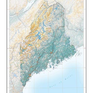 May include: A detailed map of Maine, featuring topographic details in shades of green, brown, and blue. The word "MAINE" is printed at the top. The Gulf of Maine is visible at the bottom right.