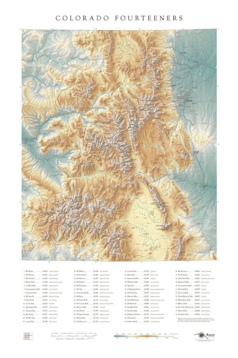 Colorado Fourteeners Map Elevation Tints Fine Art Print Map - Etsy