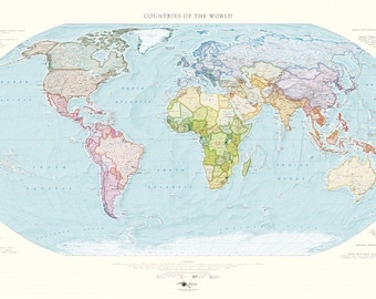 Mapa artístico impreso de países del mundo con tonalidades de elevación