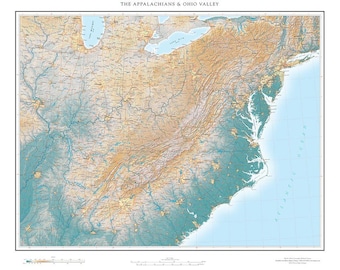 May include: A detailed topographic map of the Appalachian Mountains and Ohio Valley, featuring a color-coded representation of elevation. The map includes the Atlantic Ocean and Great Lakes, with the title "THE APPALACHIANS & OHIO VALLEY" at the top.