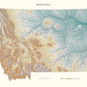 May include: A detailed topographic map of Montana, with the state's name at the top. The map uses a color gradient to represent elevation, with shades of brown and tan for higher elevations and blue-green for lower areas. Rivers and lakes are visible.