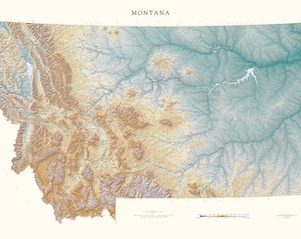 May include: A detailed topographic map of Montana, with the state's name at the top. The map uses a color gradient to represent elevation, with shades of brown and tan for higher elevations and blue-green for lower areas. Rivers and lakes are visible.