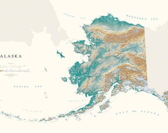 Mapa impreso de bellas artes con tonalidades de elevación de Alaska