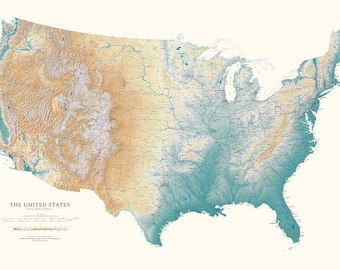 May include: A detailed topographic map of the United States, showcasing the country's varied terrain. The map uses a color gradient, with tan and brown hues representing higher elevations and blue for lower areas. The title "THE UNITED STATES" is displayed.