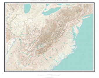 May include: A detailed topographic map of the Appalachian Mountains and Ohio Valley, featuring a beige and blue color scheme. The map shows the region's landforms, rivers, and coastlines, with the title "LANDFORMS OF THE APPALACHIANS & OHIO VALLEY" at the top.