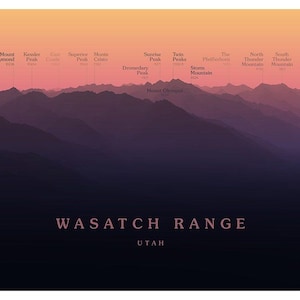May include: A poster featuring a stylized illustration of the Wasatch Range in Utah. The artwork depicts a series of purple and dark blue mountain silhouettes under a gradient sky of orange and pink. Mountain peak names are labeled.