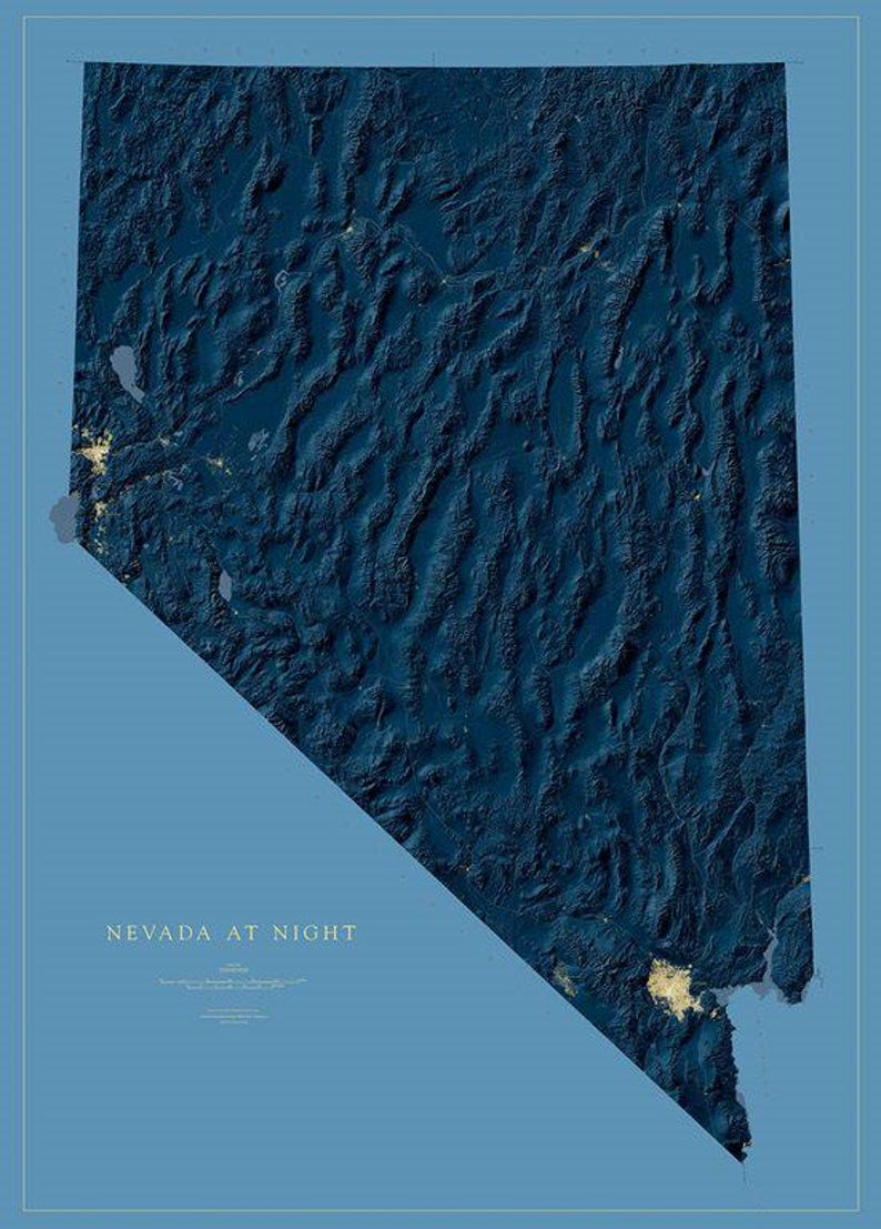 Nevada at Night Fine Art Print Map - Etsy
