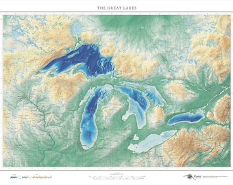Mapa de lámina artística con tonalidades de elevación de los Grandes Lagos