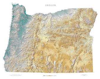 Mapa impreso de bellas artes con tonalidades de elevación de Oregón