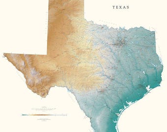 May include: A detailed topographic map of Texas, featuring a color gradient from tan to teal, representing elevation changes. The word "TEXAS" is printed in black at the top. The map includes geographical features and a scale.