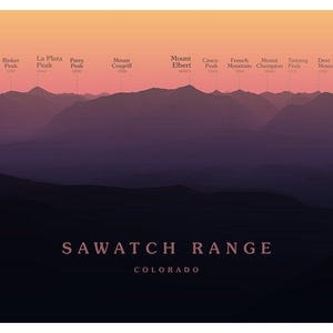 May include: A poster featuring a gradient sky over a mountain range. The text "SAWATCH RANGE COLORADO" is displayed in the center. Mountain peaks are labeled with their names and elevations in feet.
