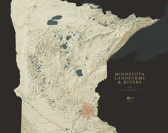 Mapa de impresión artística de las formas del relieve y los ríos de Minnesota