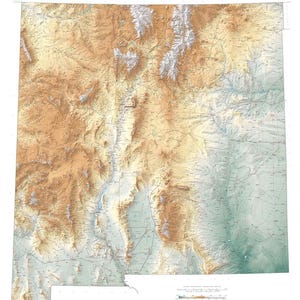 May include: A detailed topographic map of New Mexico, featuring a color gradient from brown to green, indicating elevation changes. The map includes the text "NEW MEXICO" at the top and shows the state's geographical features.