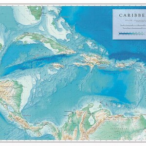 May include: A detailed map of the Caribbean Sea, showcasing the region's geography with varying shades of blue and green. The map includes landmasses, ocean depths, and the text "Caribbean Sea" in the upper right corner. The map is framed with a white border.
