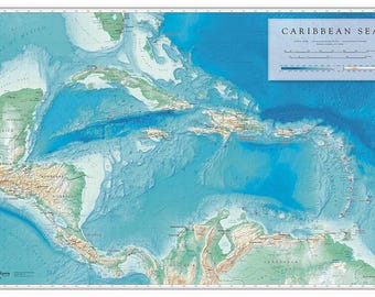 Mapa impreso en bellas artes con tonalidades de elevación del mar Caribe