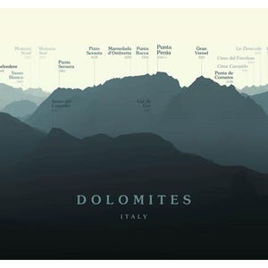 May include: A minimalist landscape print of the Dolomites in Italy. The artwork features layered mountain silhouettes in shades of blue and gray, with peak names and elevations in meters. The word "DOLOMITES" and "ITALY" are at the bottom.