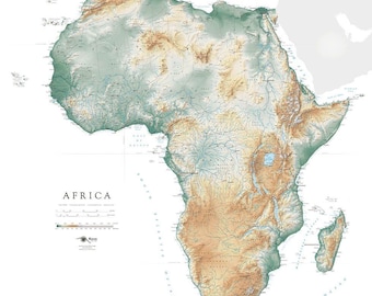 Mapa de arte impreso con tintes de elevación de África