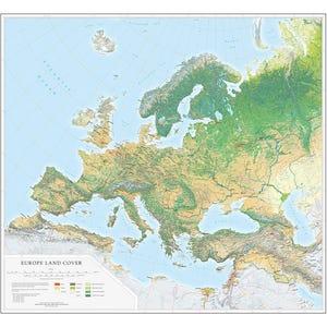 May include: A detailed map of Europe showing land cover, with shades of green, brown, and yellow indicating terrain. The Atlantic Ocean is in light blue. The map includes the text "EUROPE LAND COVER".