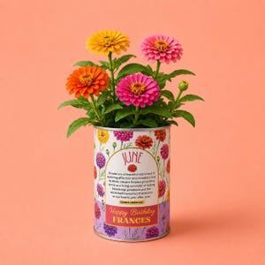 May include: A zinnia grow kit with bright orange, yellow, and pink flowers. The tin is decorated with floral patterns and the word "JUNE". It also includes the message "Happy Birthday Frances".