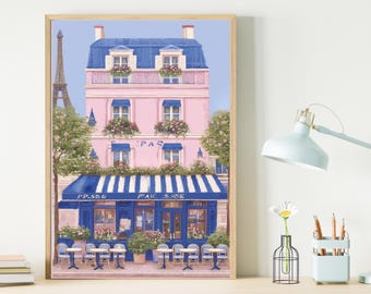 Parisian Cafe Wall Art | Pink and Blue French Restaurant Decor | Romantic Digital Print