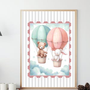 Pastel Bear Rabbit Hot Air Balloon Print | Watercolor Kids Room Decor (Digital Download)