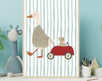 Impresión de pato y oso de peluche estilo vintage / Decoración para habitación infantil (Descarga digital)