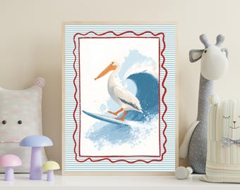 Surfer Pelikan Druck | Küsten Kinderzimmer Bild (Digitaler Download)