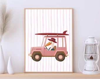 Surfer Pelican Driving Pink Jeep Art Print | Kids Beach Coastal Nursery Decor (Digital Download)